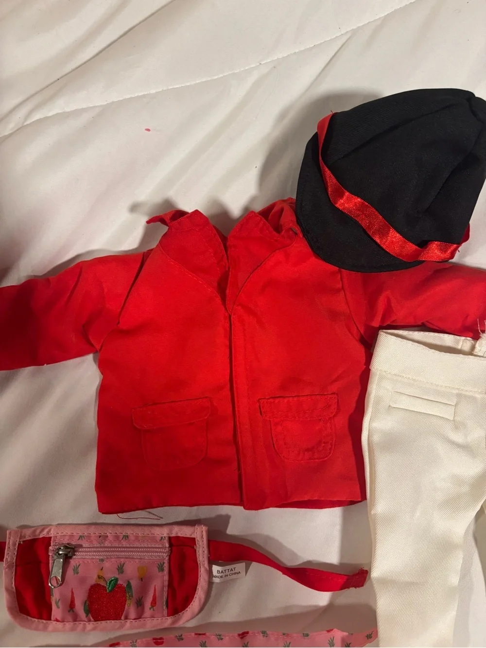 18” doll Red Jacket & White Pants Doll Outfit Set with hat, scarf & belt bag